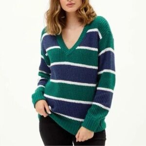 American Eagle Outfitters Green and Blue Striped V-Neck Sweater